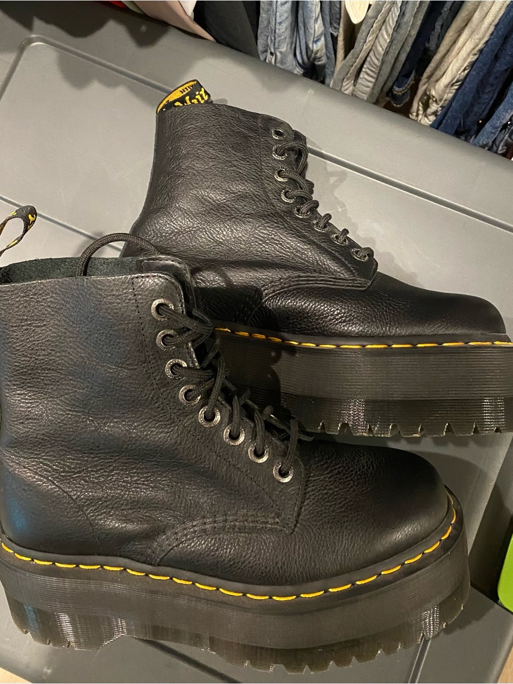 Dr. Martens Black Leather Platform Lace-Up Boots with Yellow Stitching